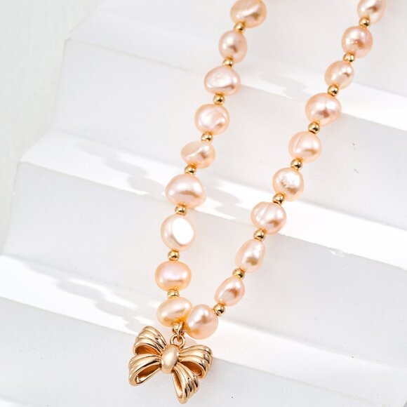 🎀 Artisan Original Pink Pearl & Bow Choker Necklace | S925 Gold Coquette - Picture 3 of 10
